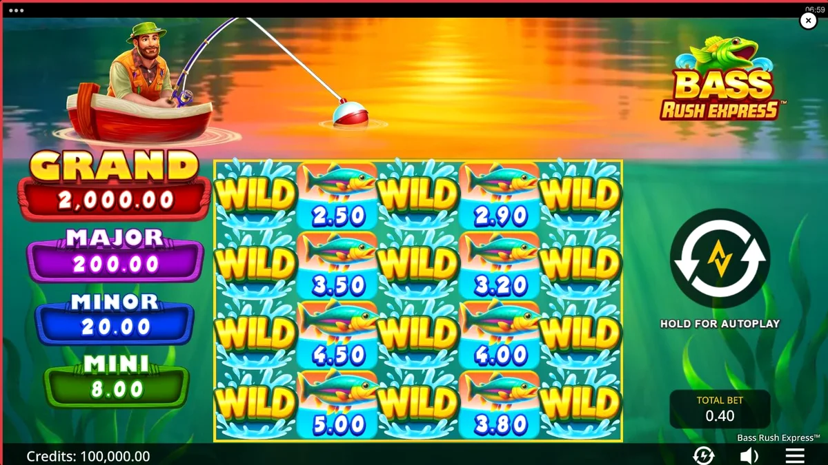 Tampilan layar permainan slot Bass Rush Express dengan tema memancing dan danau