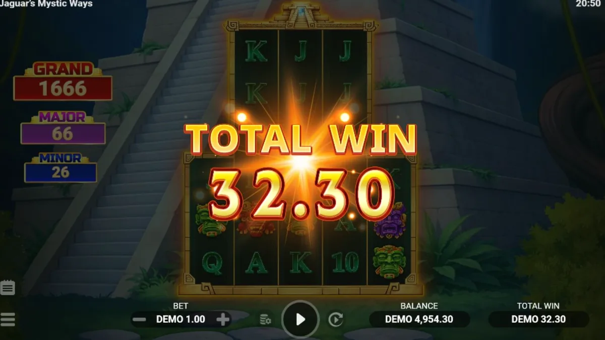 Pemandangan hutan kuno dan kuil emas dalam slot Jaguar’s Mystic Ways