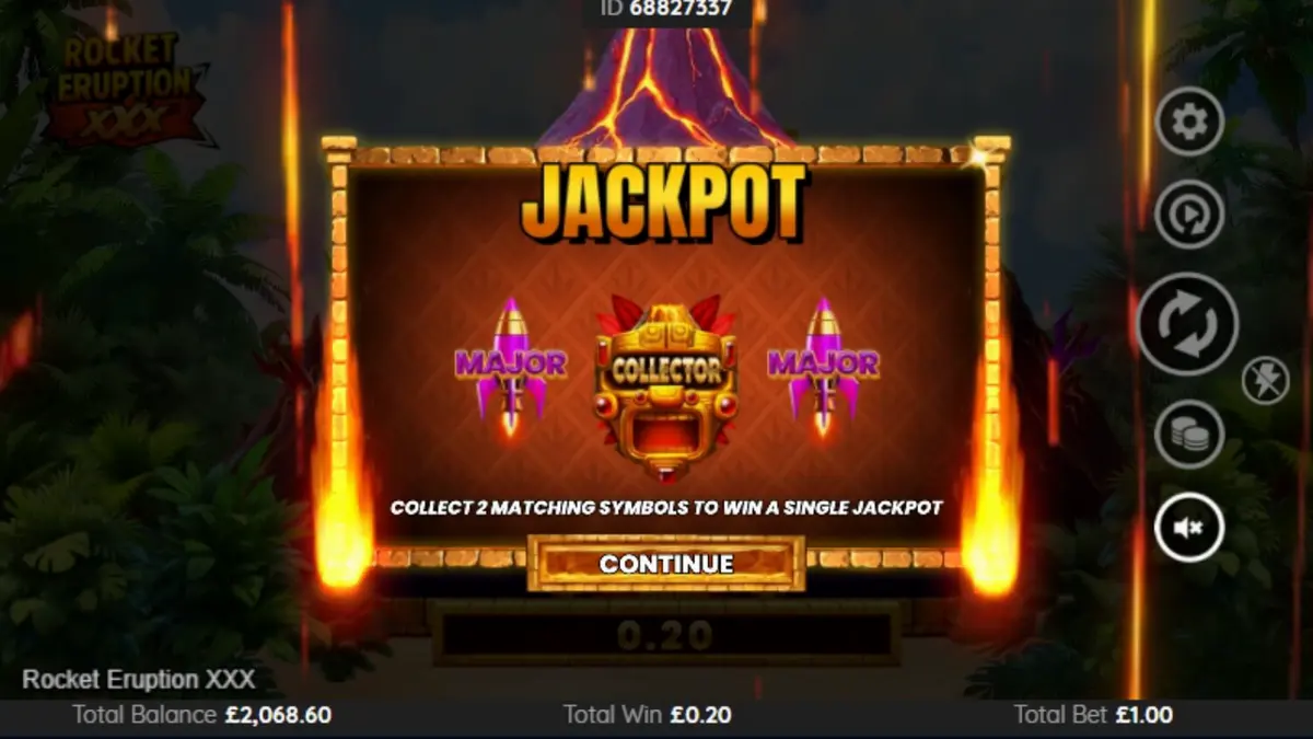 Tampilan visual slot Rocket Eruption XXX dengan tema gunung berapi dan simbol klasik
