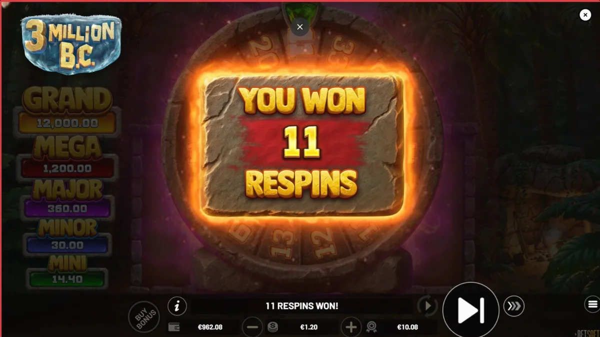 Tampilan visual slot 3 Million B.C. dengan tema prasejarah dan roda bonus besar